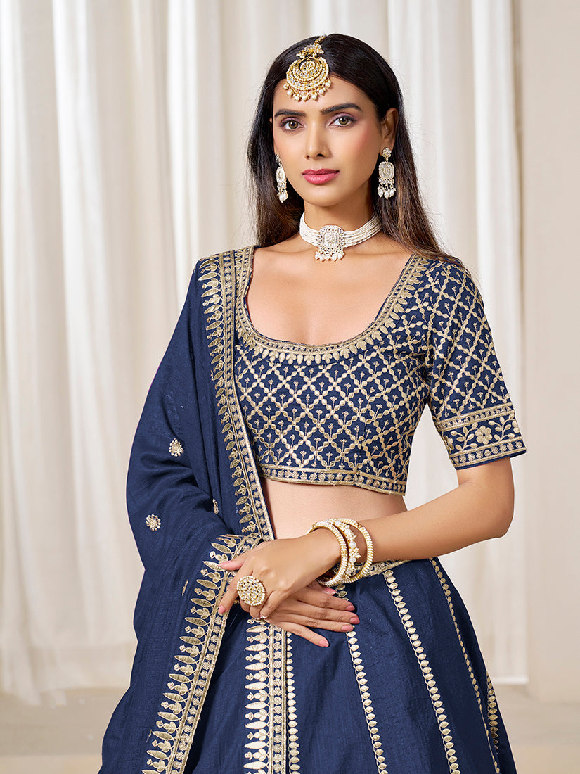 Monjolika Fashion Navy Blue Art Silk Wedding Wear Lehenga Choli Set