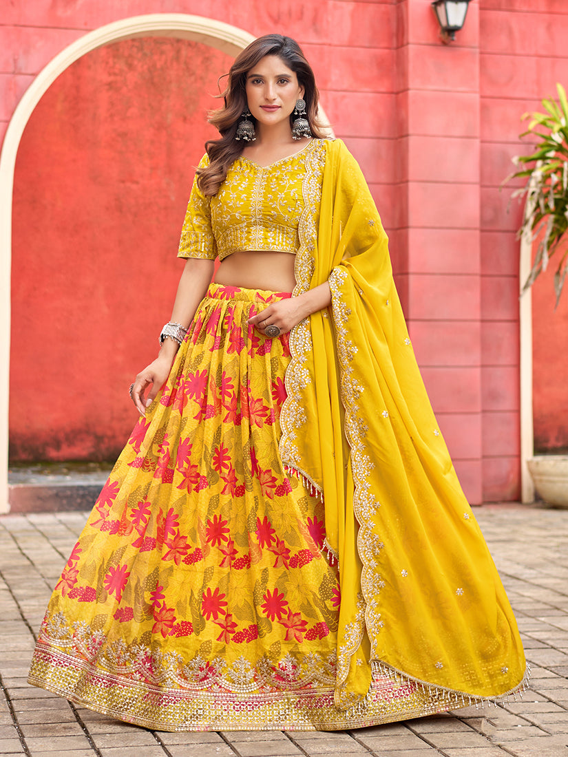 Monjolika Fashion Yellow Printed Embroidered Tabby Silk Trendy Lehenga Choli