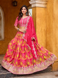 Monjolika Fashion Hot Pink Printed Embroidered Tabby Silk Trendy Lehenga Choli