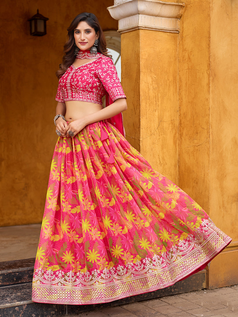 Monjolika Fashion Hot Pink Printed Embroidered Tabby Silk Trendy Lehenga Choli