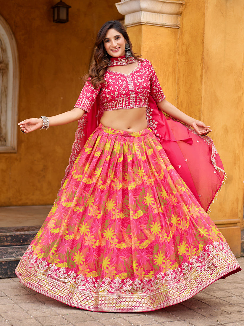 Monjolika Fashion Hot Pink Printed Embroidered Tabby Silk Trendy Lehenga Choli