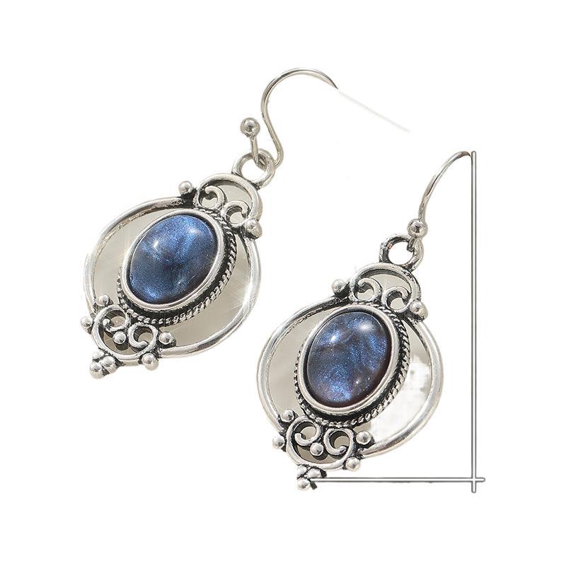 Vintage Blue Oval Stone Drop Earrings Silver Tone Brass Women Boho Artistic Daily Fashion Jewelry