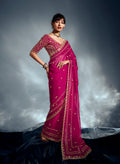 Magenta pink tissue organza saree with detailed moti, cutdana, and sequin handwork