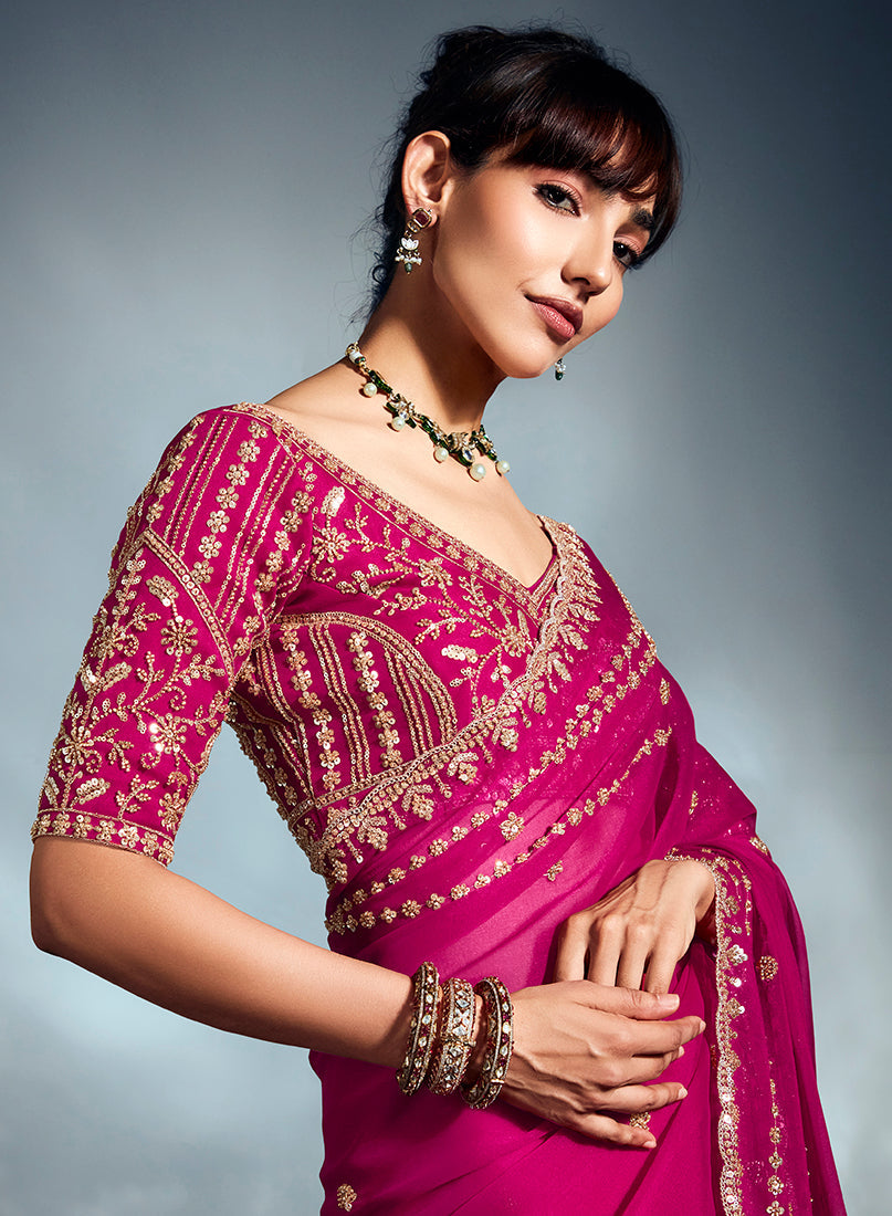 Magenta Pink Tissue Organza Saree with Moti & Sequins Work