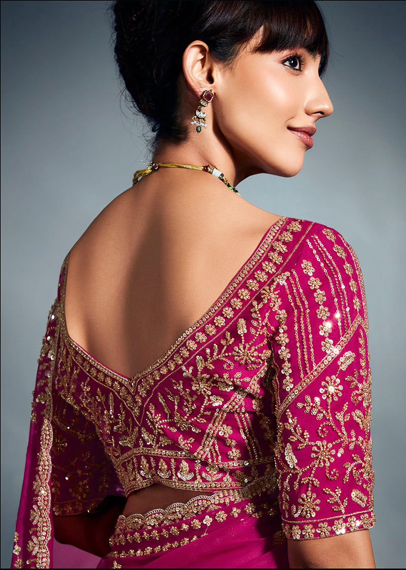 Magenta Pink Tissue Organza Saree with Moti & Sequins Work