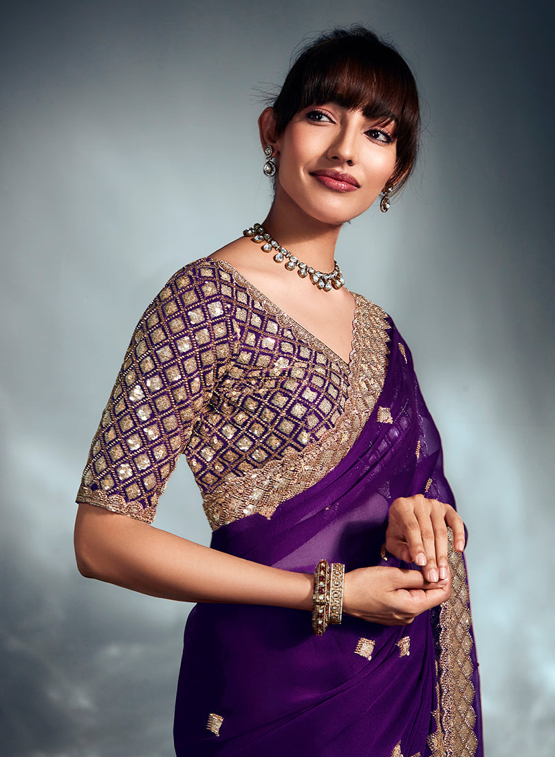 Monjolika Fashion Purple Tissue Organza Saree With Moti, Cutdana & Sequin Khatli Work