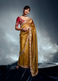 Mustard Tissue Organza Saree with heavy sequins and pearl khatli embroidery