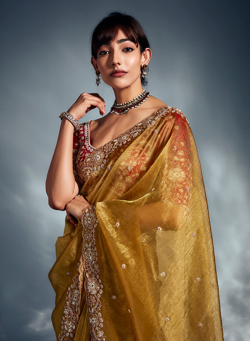 Mustard Tissue Organza Saree with Sequins and Khatli Handwork