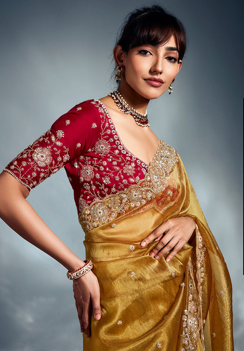 Mustard Tissue Organza Saree with Sequins and Khatli Handwork