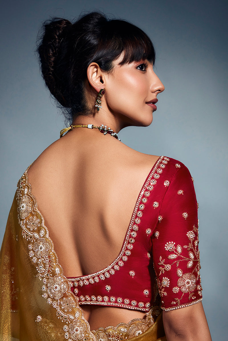 Mustard Tissue Organza Saree with Sequins and Khatli Handwork