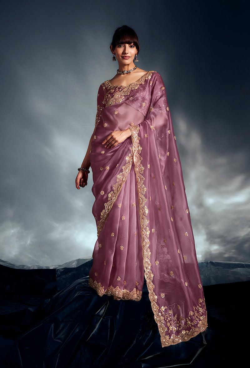 Onion Pink Tissue Organza Saree with detailed Moti, Cutdana, and Sequins embellishments