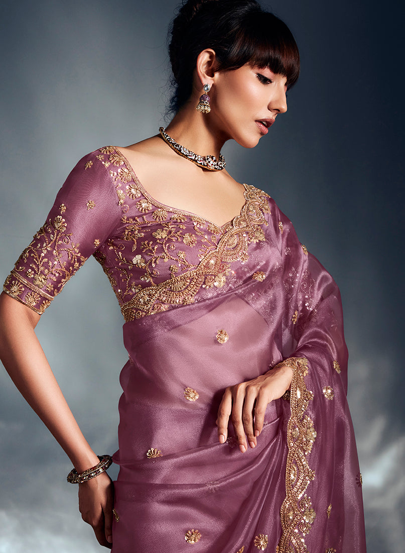 Onion Pink Tissue Organza Saree with Moti, Cutdana & Sequins Work
