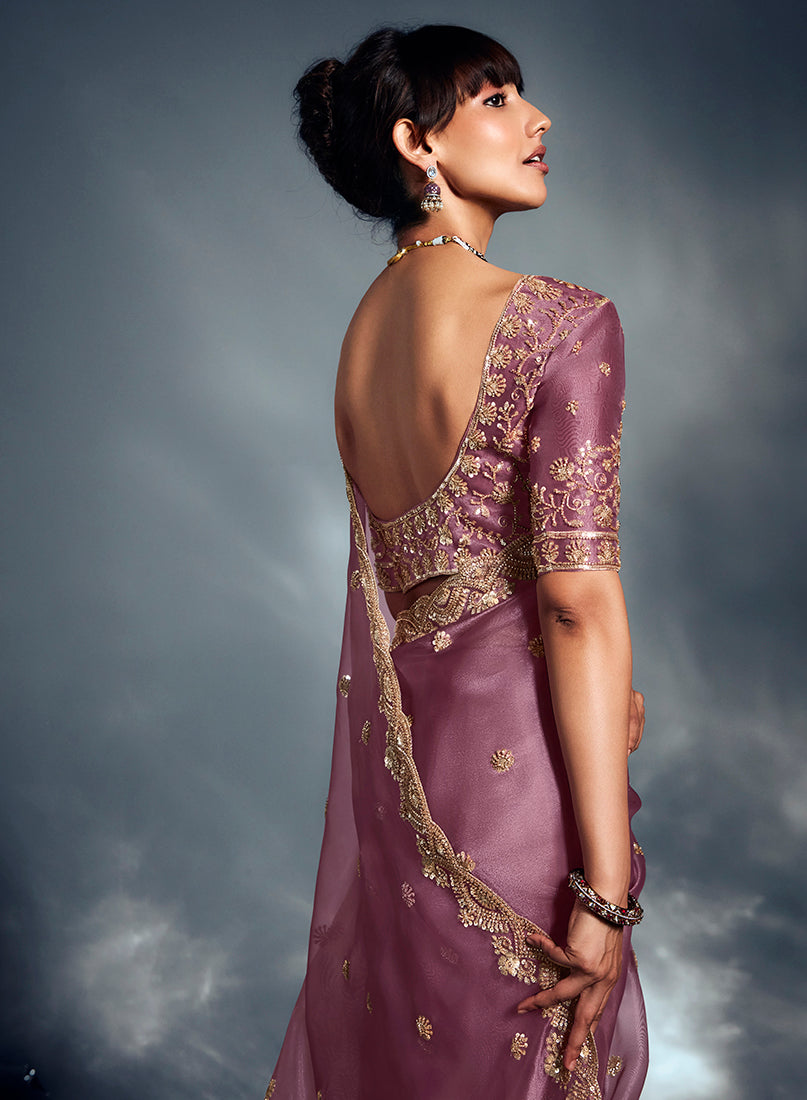 Onion Pink Tissue Organza Saree with Moti, Cutdana & Sequins Work