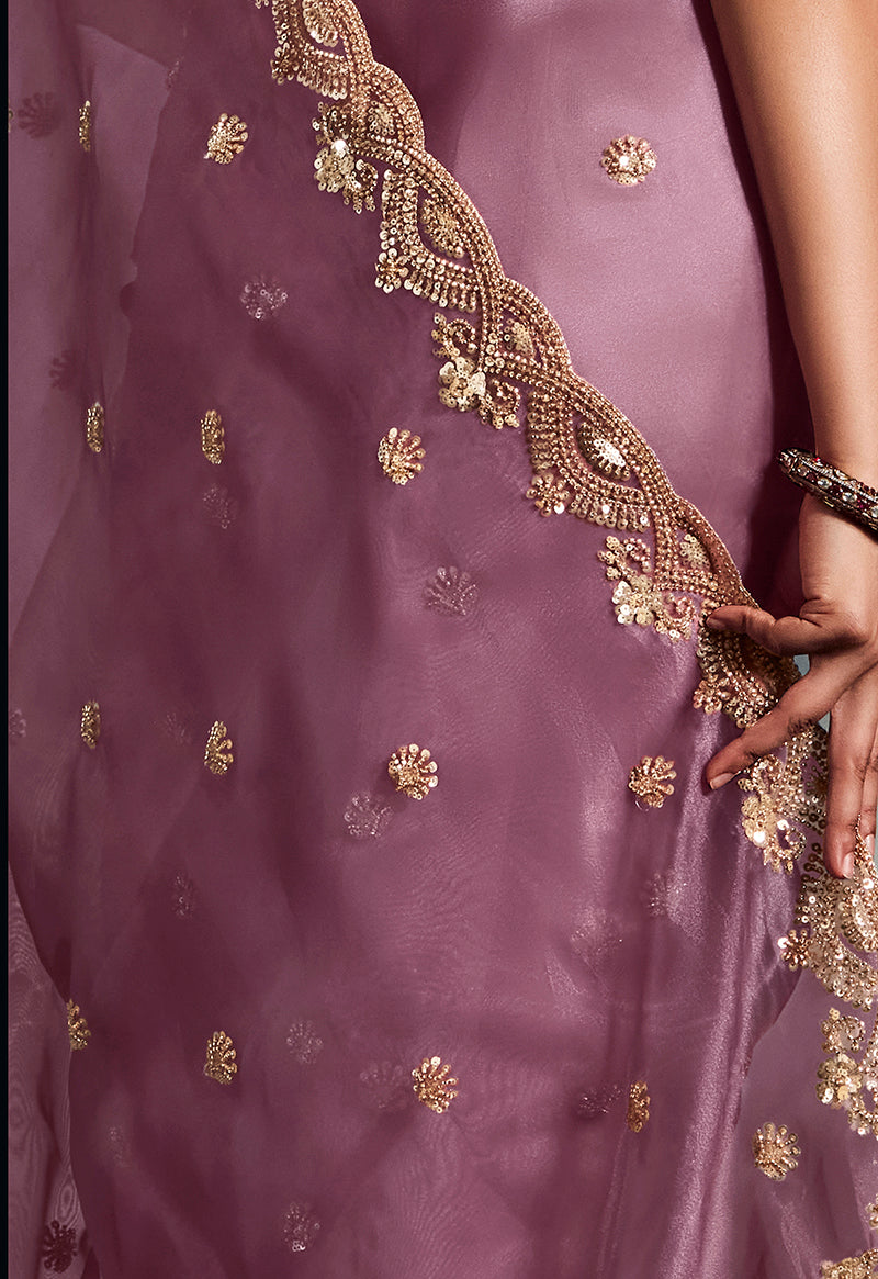 Onion Pink Tissue Organza Saree with Moti, Cutdana & Sequins Work
