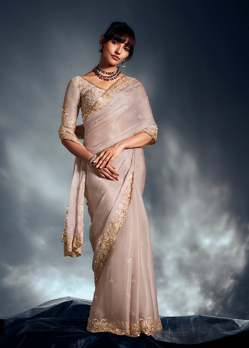 Ivory Tissue Organza Saree with Moti and Sequin Work