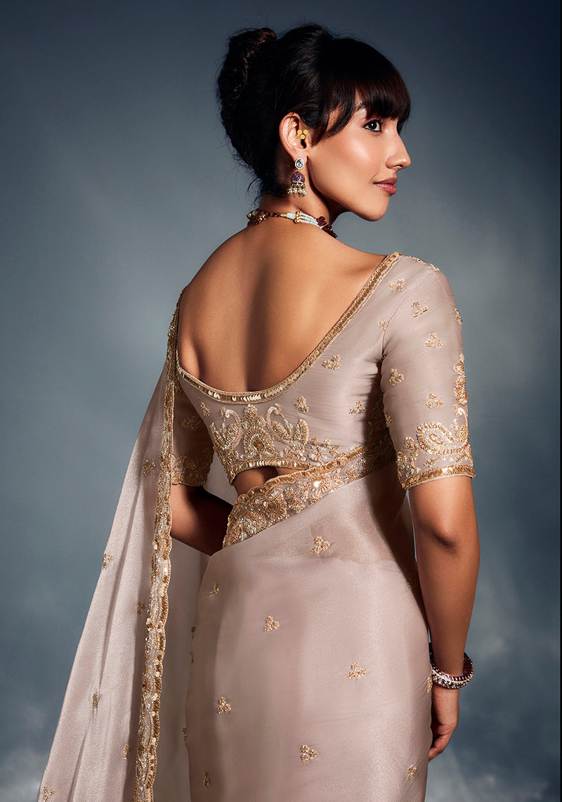 Ivory Tissue Organza Saree with Moti and Sequin Work