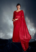Luxury red tissue organza saree with intricate moti, cutdana, and sequin embroidery.