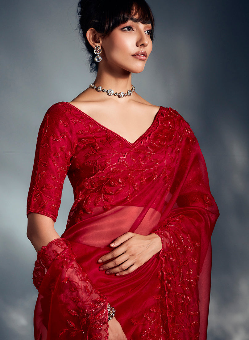 Red Tissue Organza Saree with Moti, Cutdana and Sequin Work