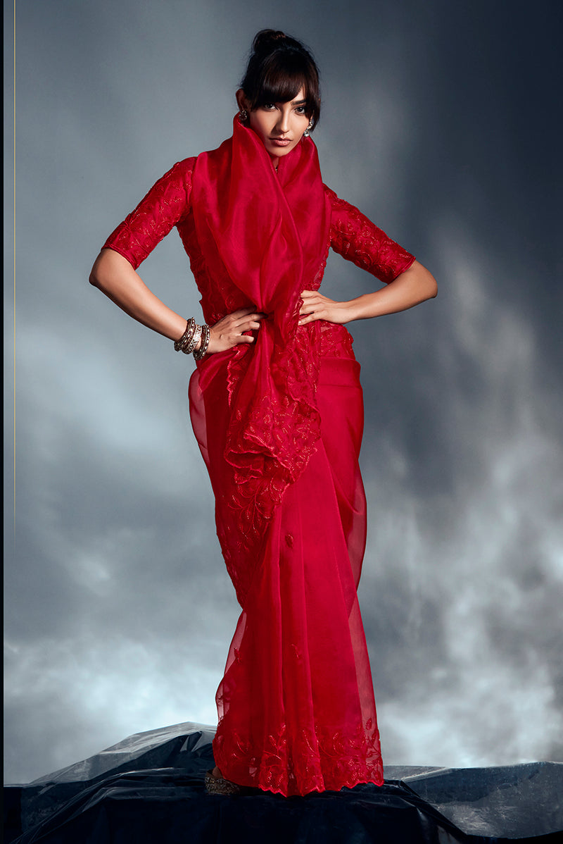 Red Tissue Organza Saree with Moti, Cutdana and Sequin Work