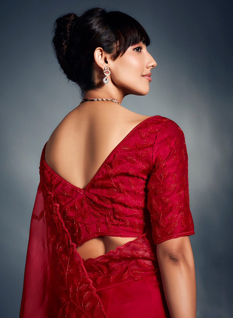 Red Tissue Organza Saree with Moti, Cutdana and Sequin Work