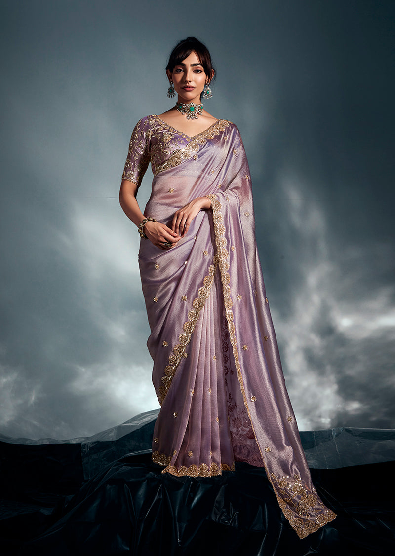 Lilac tissue organza saree with intricate moti, cutdana, and sequin embroidery work