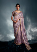 Lilac tissue organza saree with intricate moti, cutdana, and sequin embroidery work