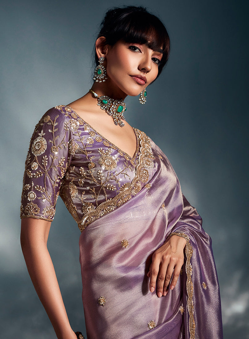 Lilac Tissue Organza Saree with Moti, Cutdana and Sequin Work