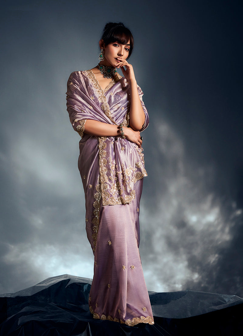Lilac Tissue Organza Saree with Moti, Cutdana and Sequin Work