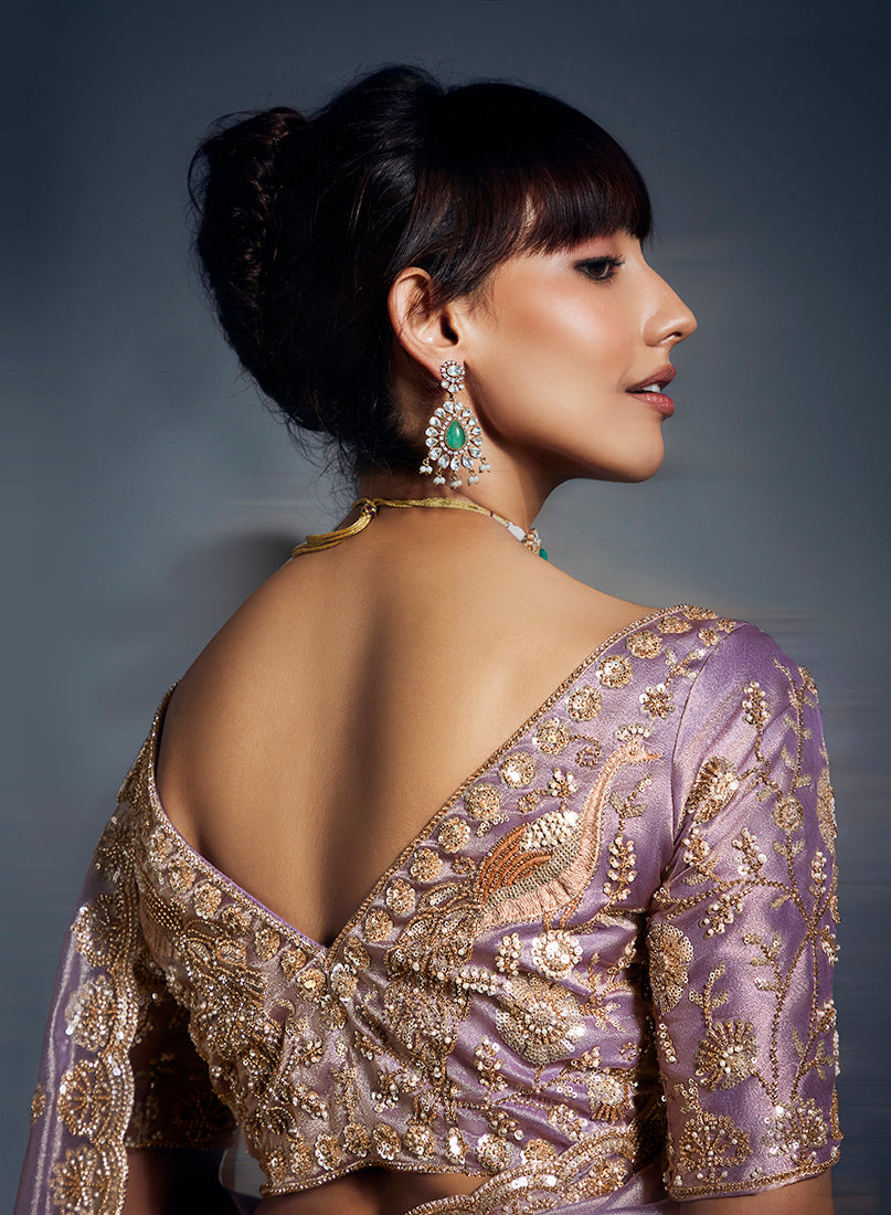 Lilac Tissue Organza Saree with Moti, Cutdana and Sequin Work