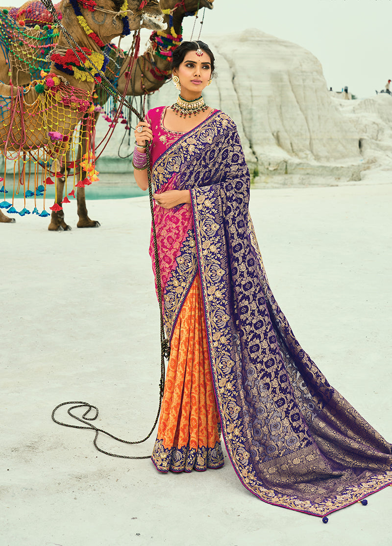 Multicolor georgette Bandhej designer saree with intricate embroidery and zari work