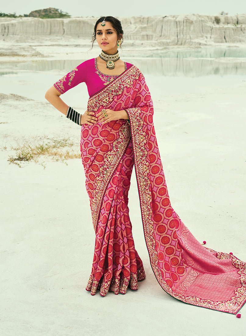 Rani Pink Georgette Bandhej Saree with intricate embroidery and zari work