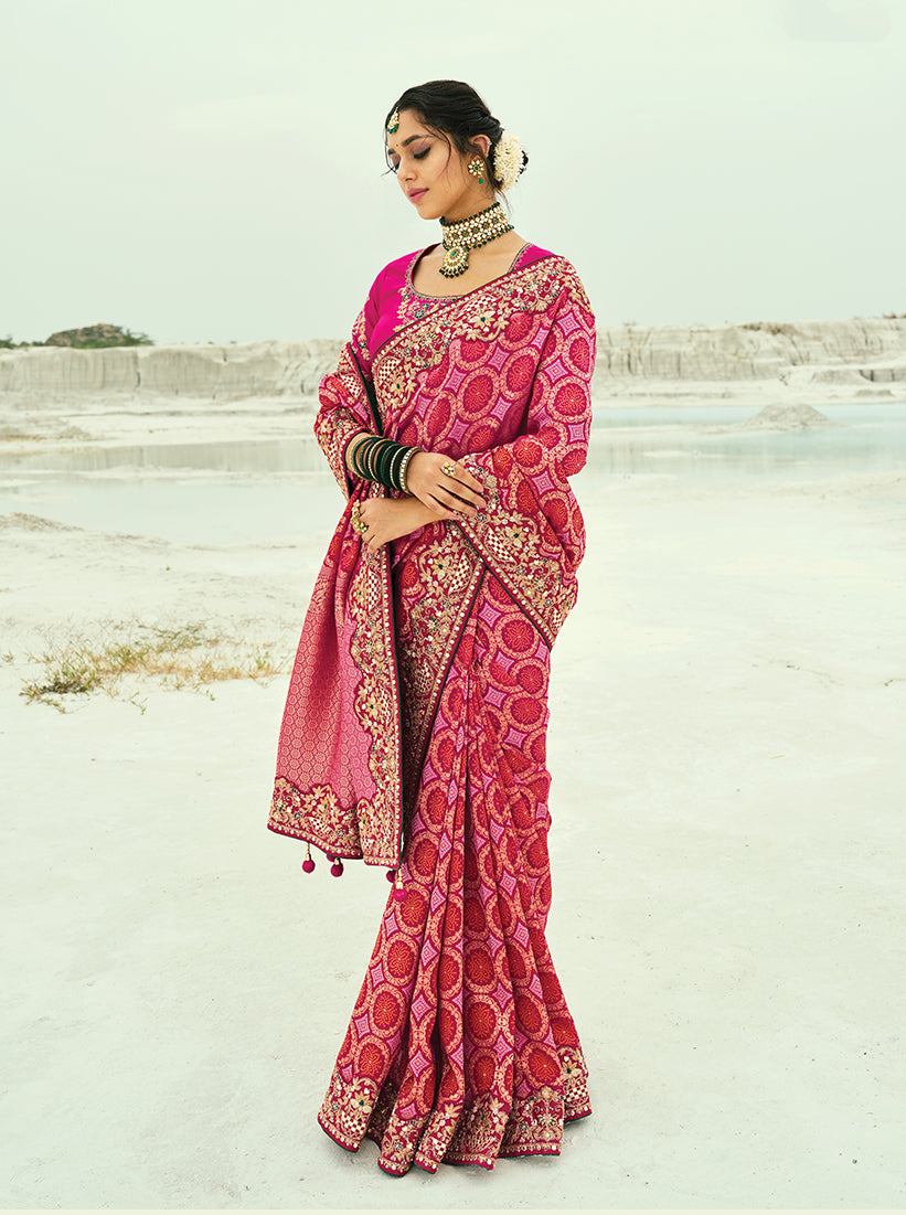 Rani Pink Embroidered Georgette Bandhej Designer Saree