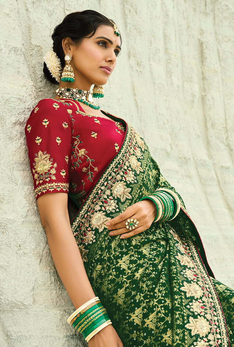Monjolika Fashion Green Embroidered Georgette Bandhej Designer Saree