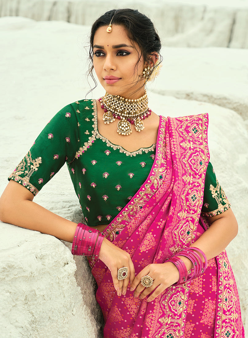 Rani Pink Georgette Bandhej Designer Saree with Zari Embroidery