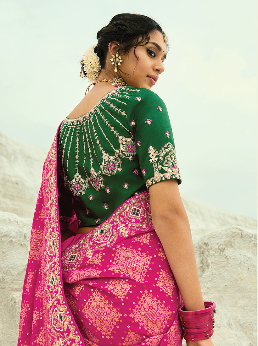Rani Pink Georgette Bandhej Designer Saree with Zari Embroidery