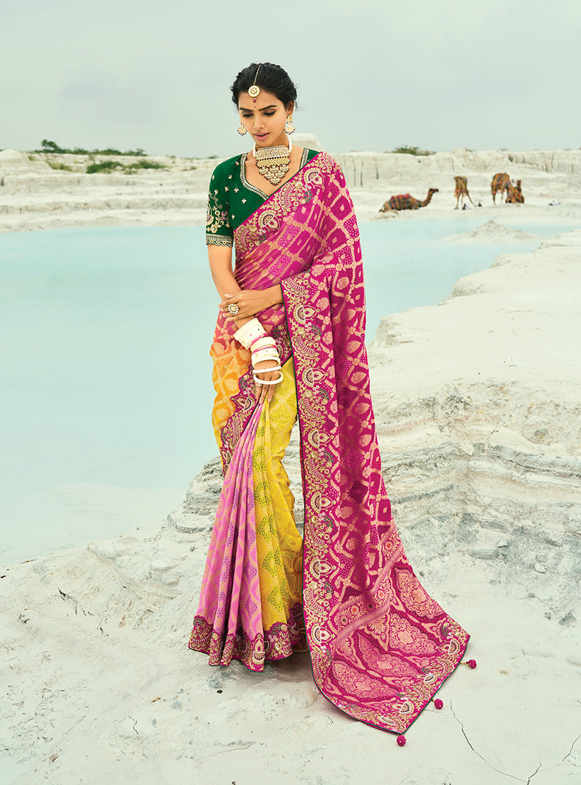 Multicolor Embroidered Silk Bandhej Saree with Zari Work