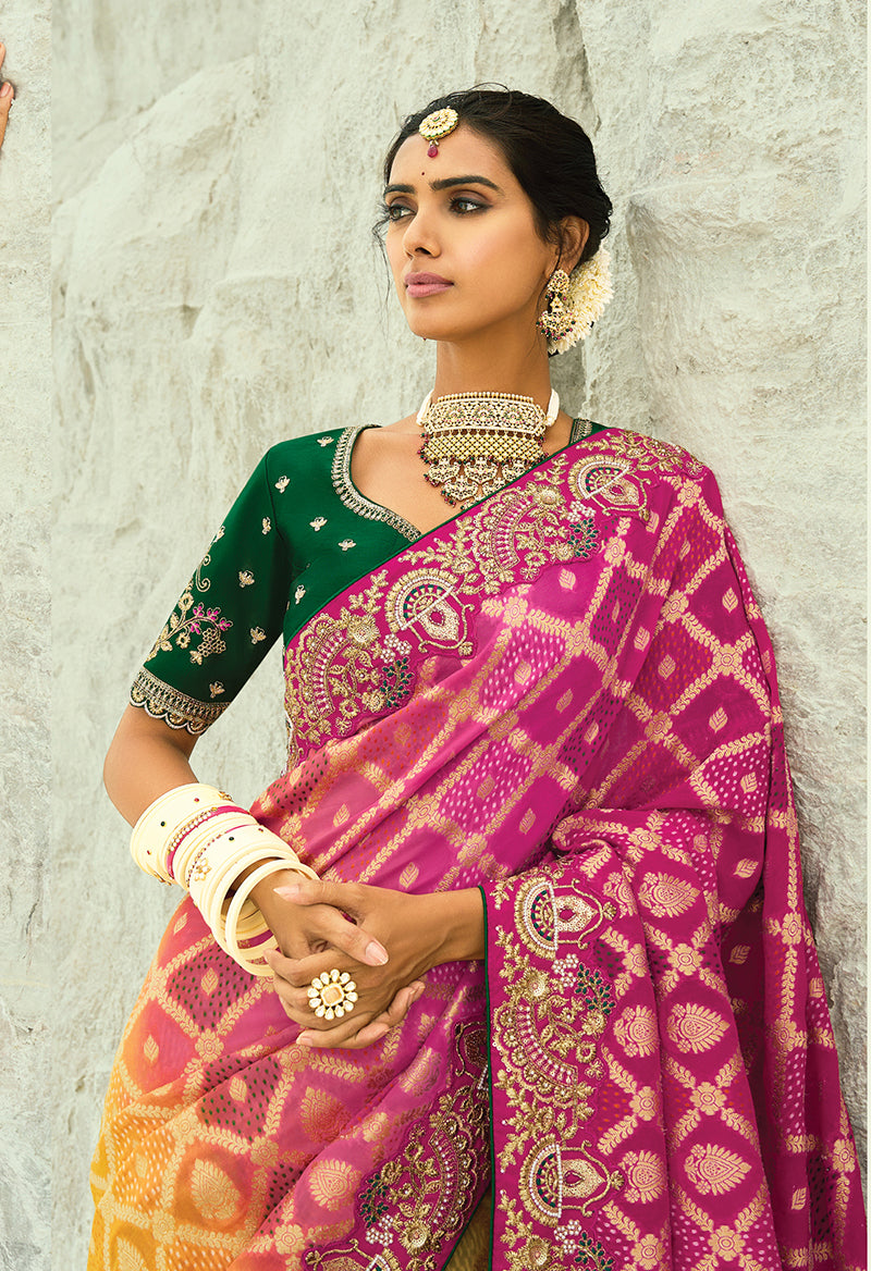 Multicolor Embroidered Silk Bandhej Saree with Zari Work