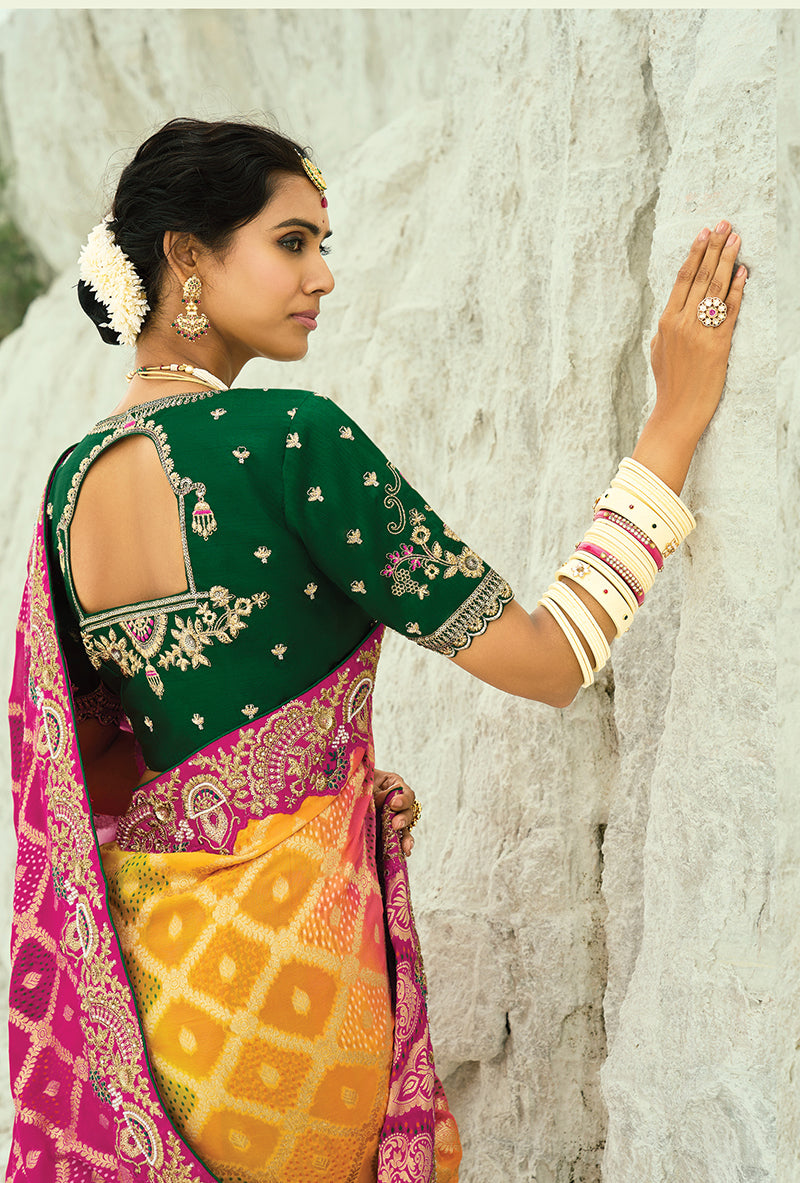 Multicolor Embroidered Silk Bandhej Saree with Zari Work