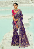 Violet georgette Bandhej saree with zari embroidery and bead work