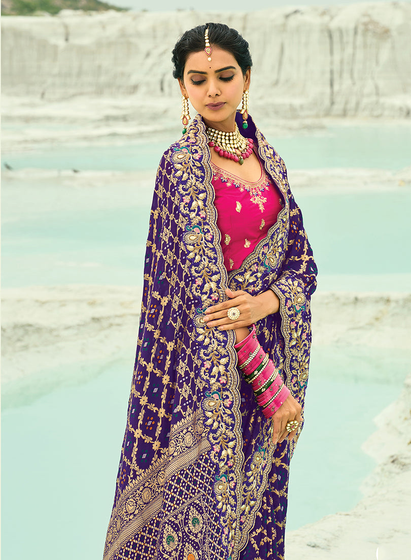 Violet Georgette Bandhej Saree with Zari and Bead Embroidery
