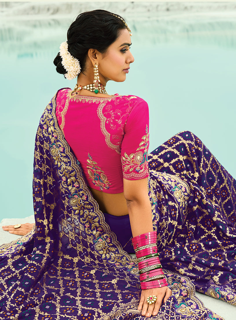 Violet Georgette Bandhej Saree with Zari and Bead Embroidery