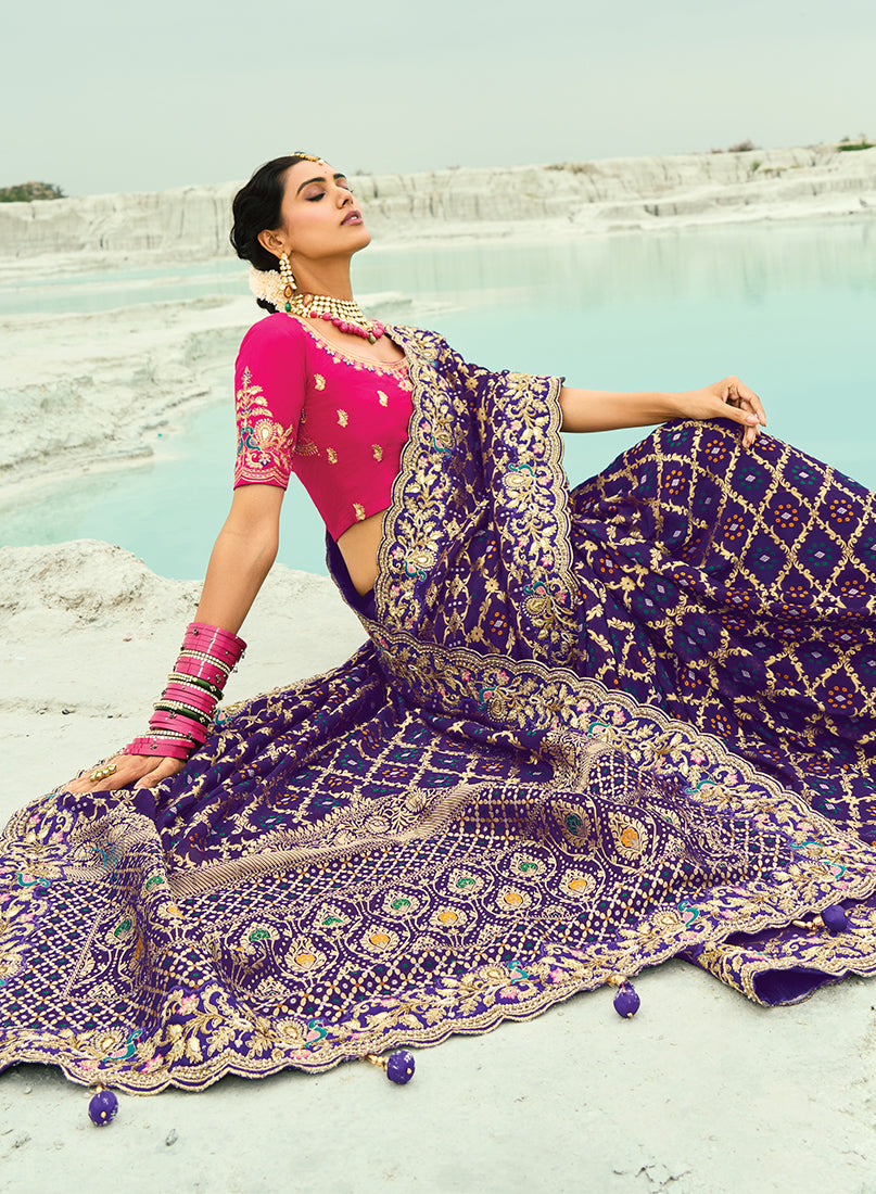 Violet Georgette Bandhej Saree with Zari and Bead Embroidery