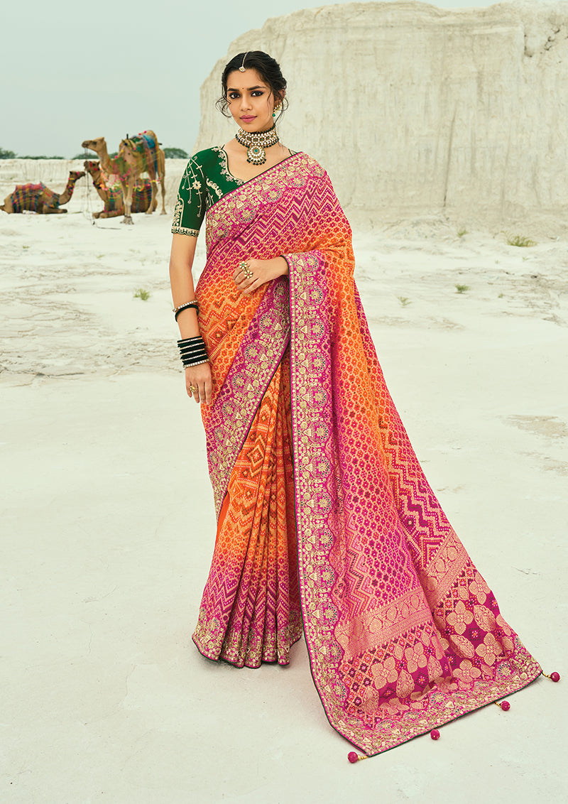 Multicolor georgette designer Bandhej saree with intricate zari work