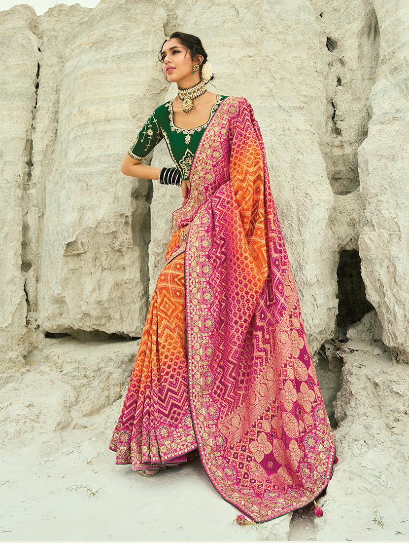 Multicolor Georgette Bandhej Saree with Zari and Bead Work