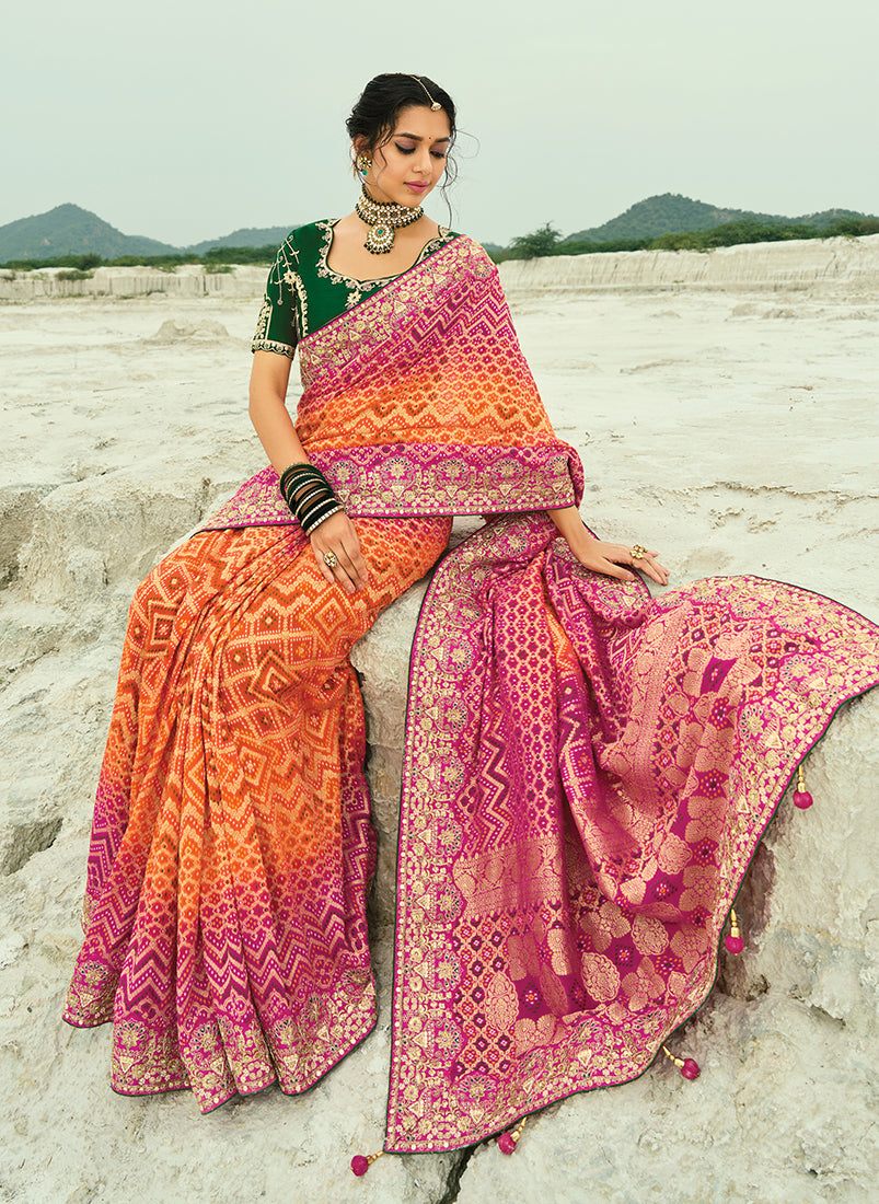Multicolor Georgette Bandhej Saree with Zari and Bead Work