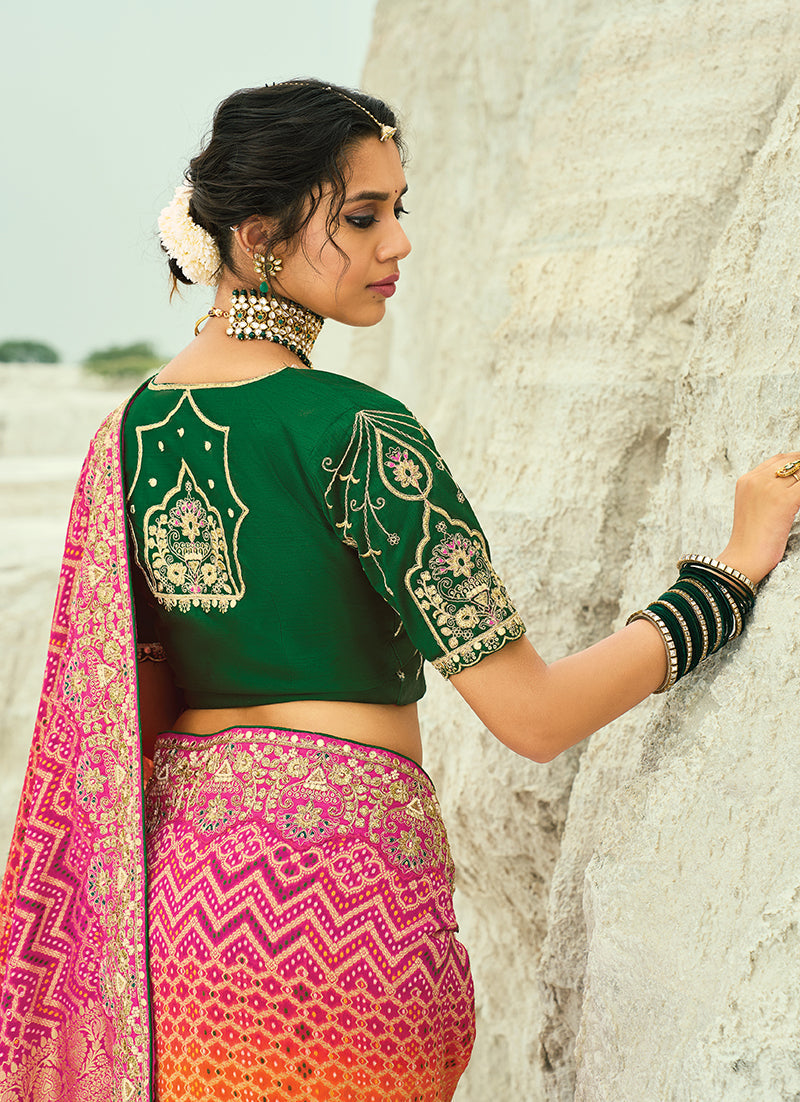 Multicolor Georgette Bandhej Saree with Zari and Bead Work