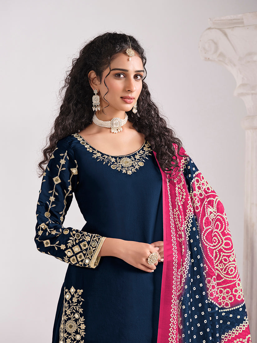 Navy Blue Chanderi Silk Embroidered Mirror Work Salwar Kameez