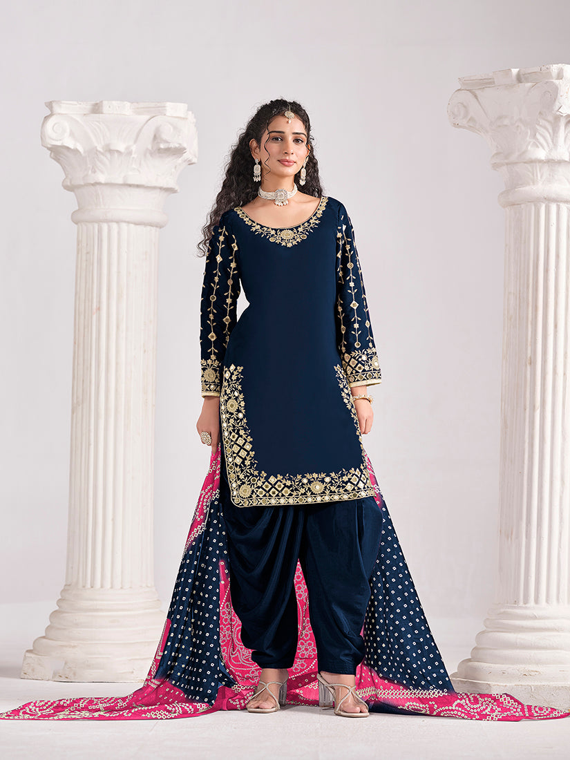 Navy Blue Chanderi Silk Embroidered Mirror Work Salwar Kameez