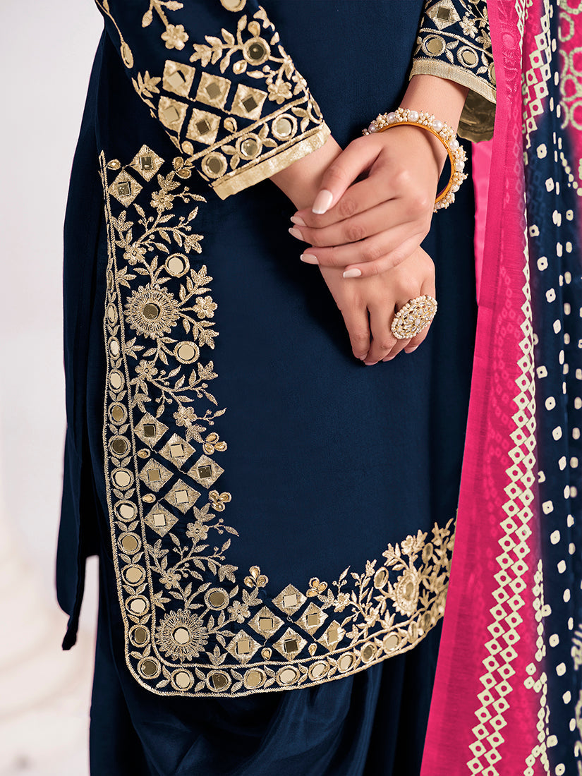 Navy Blue Chanderi Silk Embroidered Mirror Work Salwar Kameez