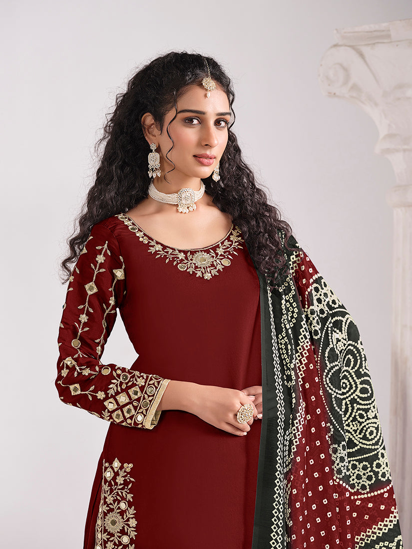 Maroon Chanderi Silk Salwar Kameez with Mirror and Zari Work